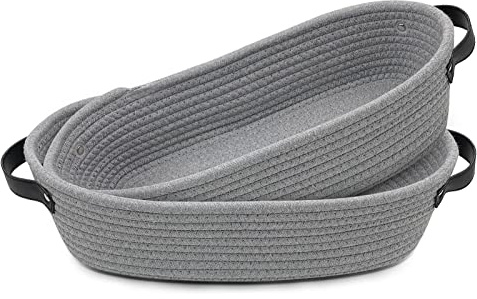 TENQUAN 2PCs Cesta Almacenamiento, Cesta Tejida de Cuerda de algodón 34×17×10cm con Asa de Cuero, Cesta de Almacenamiento para Armario Estante Decorativo Cocina Dormitorio Baño (Gris)