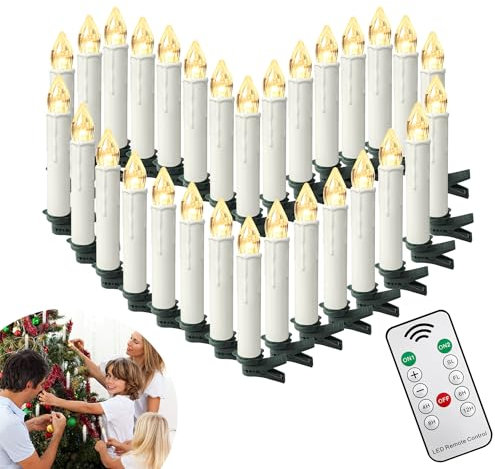 YRHome 30 candele natalizie con timer, telecomando, candele a LED, luce bianca calda, senza fili, albero di Natale, senza fiamma, con clip, per decorazioni natalizie, matrimoni, feste