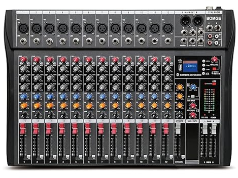 BOMGE CTX - Mezclador de audio de 12 canales con Bluetooth USB, entrada de grabación de PC, conector de micrófono XLR, alimentación de 48 V, entrada/salida RCA para profesionales y principiantes