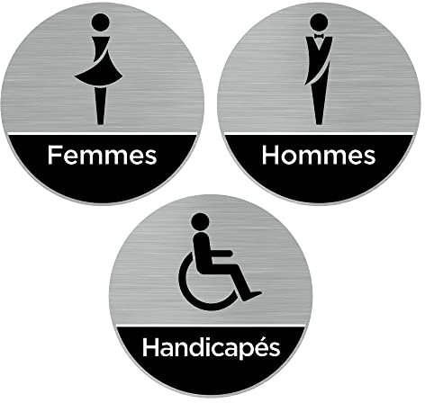 Pictogramme WC. Lot de 3 pictogrammes Toilettes Hommes, Femmes, Handicapés. Autocollant Souple ou Plaque Alu Rigide 2mm - Diamètre 76 mm - Adhésif aspect aluminium brossé - Adhésif aspect aluminium br