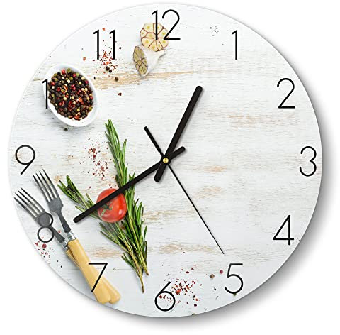 DEQORI Glasuhr | rund Ø 30 cm | Motiv Küchenkräuter und Gewürze | ausgefallene leise Design Uhr aus Glas | Wanduhr für Wohnzimmer & Küche | Moderne Hingucker Uhr für die Wand