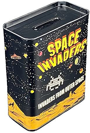 Spardose - Space Invaders - Rechteckige Plug-Lid Dose mit Sparschlitz aus elektrolytischem Weißblech - (LxBxH) 4,5 x 9,0 x 11,5cm