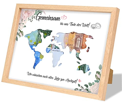 FORMIZON Bilderrahmen Geldgeschenk, Hochzeit, Weltkarte, Hochzeitsgeschenke Geld, Personalisiertes Geldgeschenk für Brautpaar, Verpackung Echtholz