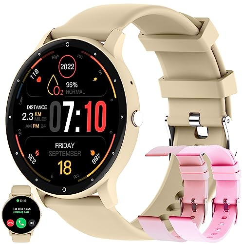 Smartwatch Kvinnor Män med Telefonfunktion, Fitness Tracker 1,39 HD Pekskärm, Smartklocka med Sömnmonitor Pulsmätare 123 Sportlägen Sportklocka Fitnessklocka Armbandsur för Android IOS (Guld)