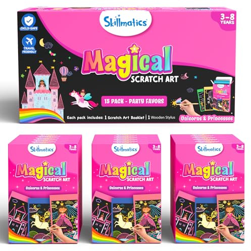 Skillmatics Party Favours (Pack of 15) - Magical Scratch Art Set for Kids | Unicorns & Princesses, Pink Goodie Bag, DIY Art & Craft Activity, Gifts for Girls, Boys Ages 3, 4, 5, 6, 7, 8