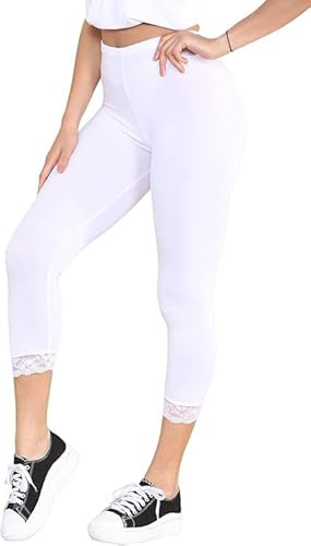 Ladies Cropped 3/4 Length Lace Leggings Trim Edge Womens Viscose Yoga Gym Jogging Capri Pants Stretchy Elasticated Shorts UK 8-26 (UK, Numeric, 14, Regular, Regular, White)