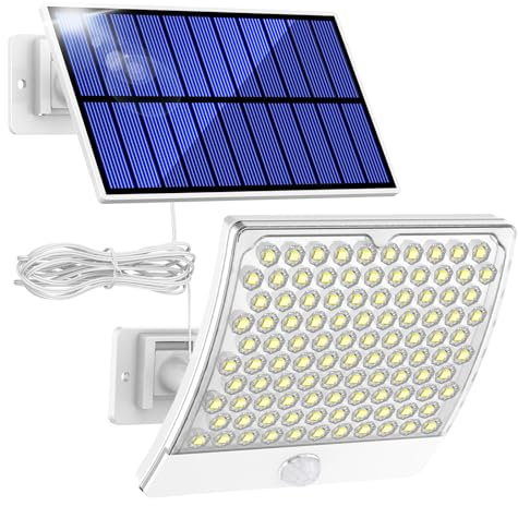 MPJ - Lámparas solares para exteriores (105 ledes, sensor de movimiento, impermeabilidad IP65, ángulo de iluminación 125°, aplique mural para jardín, con cable de 5 m