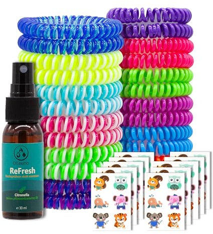 Olleeno® Mückenschutz Set – 24 Armbänder, 30 ml Spray & 60 Aufkleber | Wiederverwendbare Moskito- und Insektenschutz-Armbänder für Outdoor, Camping, Wandern & Sport | Für Kinder & Erwachsene