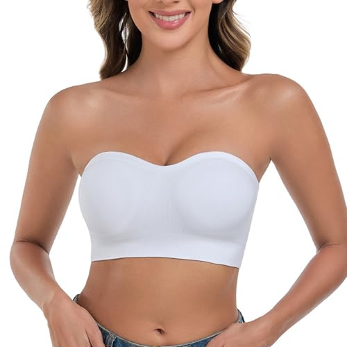 ANGOOL Women's Bandeau Bra Strapless Non-Wired Padded Seamless Multiway Convertible Straps Full Support Non-Slip, White, XL