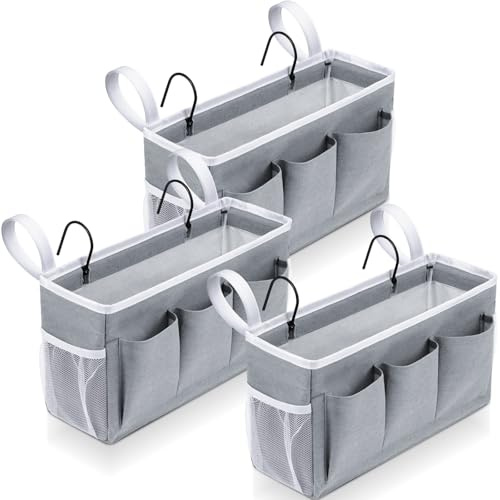 Vincreem 3 Pcs Bedside Caddy Storage Organizer, Bedside Hanging Storage Bag with Pockets and Fixed Straps for Bunk Bed Shelf Dorm Rooms Crib Bed Rails Hospital Beds, Can Be Placed Glasses Books