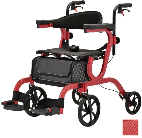 NOVA 2-in-1 Rollator Walker & Transport Chair, Folding Mobility Aid with 10” Front Wheels, Removable Footrests, Lightweight Rolling Walker for Seniors, Walker Wheelchair Combo, Red