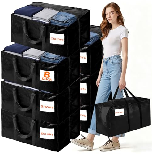 8 Pack Extra Large Moving Bags Heavy Duty Storage Bags with Zipper Handles, BETU Clothes Storage Totes Bins Packing Moving Boxes, Moving Supplies for College Dorm Essentials, Space Saving, Black