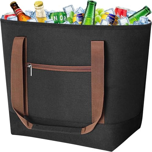 DSDCDJ Grand sac isotherme pliable avec isolation étanche 50 l – Grand sac isotherme anti-fuite Poignées flexibles – Sac de courses idéal isolé, sac isotherme, sac de pique-nique – Noir