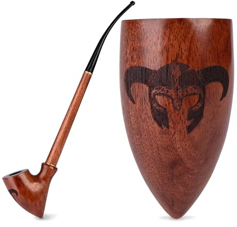 33 cm lång Churchwarden-rökpipa i päronträ med vikingahjälm-gravyr | För 9 mm filter | Sammetspåse ingår | Endast för tobaksanvändning