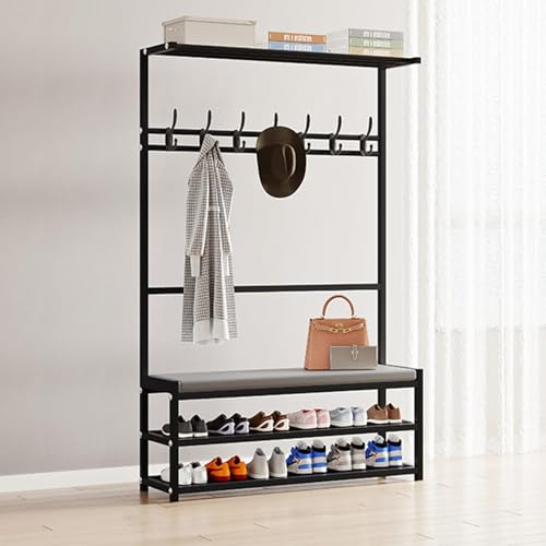 3-i-1 klädhängare med förvaringsbänk entréstativ metallram robust svart design 90 x 25,5 x 160 cm perfekt för att hålla kappor och skor.