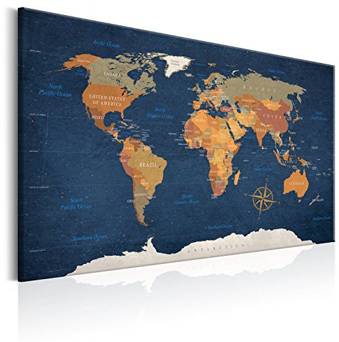 B&D XXL - Lavagna Di Sughero per Puntine - Mappa Mondo 120x80 cm 1 Pezzo - Bacheca Sughero da Parete & Quadro su tela in un Uno - Grande Decorativo per Parete per le Note - Geografica k-C-0048-p-b