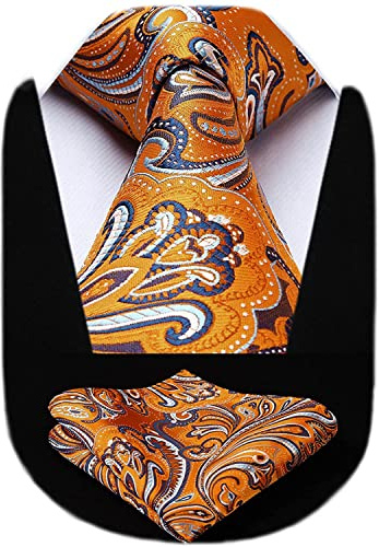 HISDERN Men's Paisley Tie Set Extra Long Ties and Pocket Square Wedding Formal Orange Necktie with Handkerchief, XL, 160CM