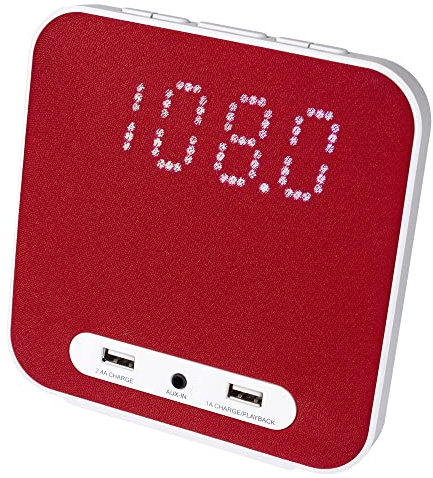 HANNLOMAX HX-145CR Alarm Clock Radio, PLL FM Radio, Digital Clock with Dual Alarm, 2 USB Ports for 2.4A and 1A Charging, Aux-in, AC Power Operation only. (Red)