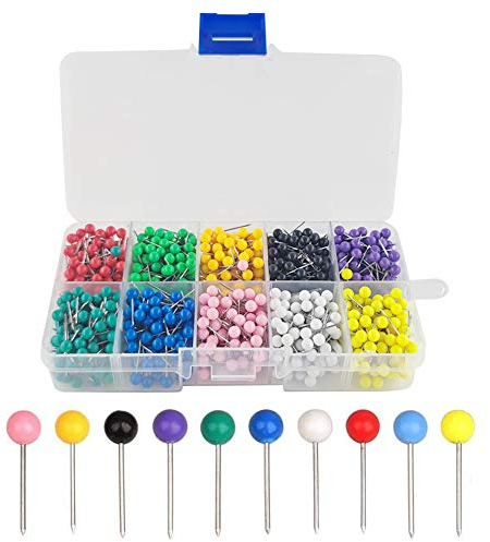 YIXISI 1200 Stück Rundkopf Stecknadeln, Pinnnadeln Pushpins, Kartennadel, Landkarte Pinnadeln, für Weltkarte, Cork Board, Stoffmarkierung, Metallischer Runder Kopf mit Edelstahlspitze