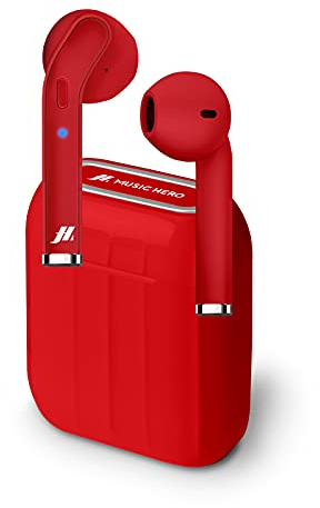 Music Hero Auricolari Twin Style True Wireless Stereo con Microfono e Tasto Risposta/Fine Chiamata, Custodia di Ricarica da 300mAh, fino a 2.5 Ore di Ascolto Musica, Rosso