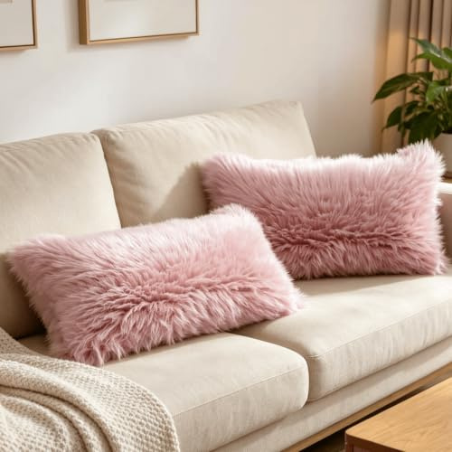 OYIMUA Soft Faux Fur Cushion Covers 30x50cm Pink Set of 2 for Sofa Bed | Fluffy Decorative Pillow Covers 12x20 for Living Rooms,Bedrooms,Offices,Machine Washable,Hidden Zipper,Fade-Resistant