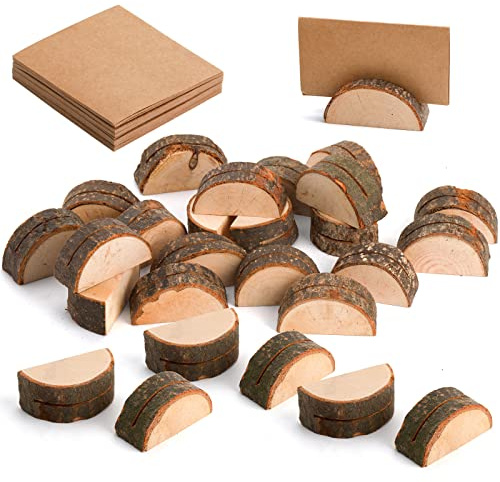 Tosnail 50 Pack Wooden Place Card Holders with 50 Kraft Paper Cards, Rustic Table Number Holders, Small Photo Holder, Name Card Stand for Wedding, Party Decorations - Half Circle