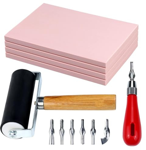 Linocut Kit for Printmaking & Stamp Carving - 4Pcs 4x6 Soft Rubber Linoleum Blocks with Brayer Roller & Carving Tools | Beginner & Artist Block Printing Craft Supplies