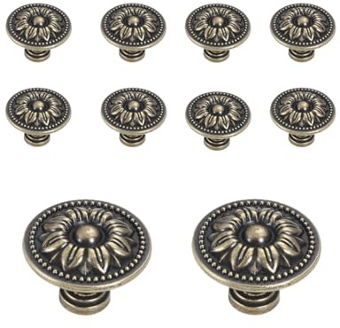 Mgoodoo 10 pièces Boutons de Meuble Vintage, Ø32mm Rond Bouton de Tiroir Rétro, Poignée de Porte avec Vis pour Cuisine, Salle de Bain, Armoire, Commode - Couleur Bronze Laiton Antique