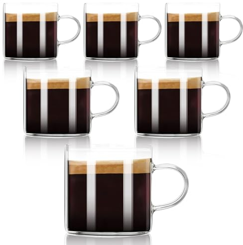 YMMIND 6-Pack 4oz Espresso Cups Espresso Shot Glasses with Handle, Small Glass Coffee Cups, Espresso Mugs Demitasse Cups Cappuccino Cup for Hot or Cold Latte, Tea, Microwave Dishwasher Safe