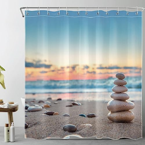 LB Zen Stein Duschvorhang 180x180cm Tropischer Strand Sonnenuntergang Landschaft Antischimmel Wasserdicht Badezimmer Vorhänge, Blaues Meer Polyester Stoff Bad Vorhang mit Haken