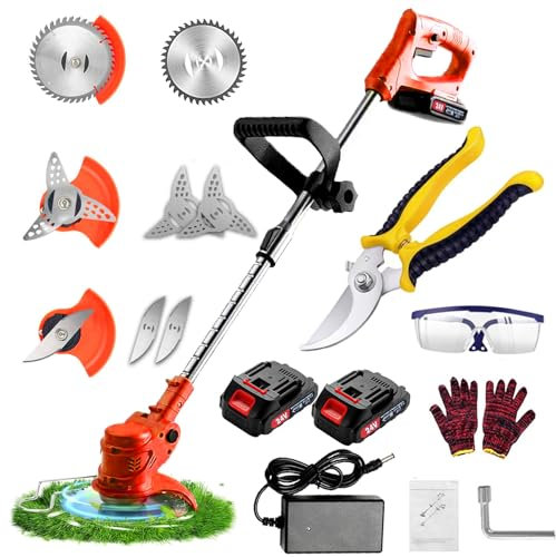 Desbrozadora, desbrozadora inalámbrica, desbrozadora de hoja de metal de 21 V, desbrozadora de batería ajustable en altura, cortacésped eléctrica para jardín para eliminar malas hierbas y árboles