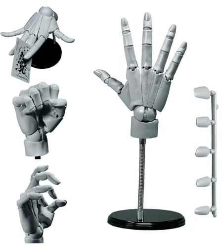Jorzer Manichino a mano modello 1:1, articolato a mano, giunto mobile, 40,6 x 20,3 cm, manichino con base fai da te, in PVC, ABS, modello a mano per disegnare, dipingere, grigio