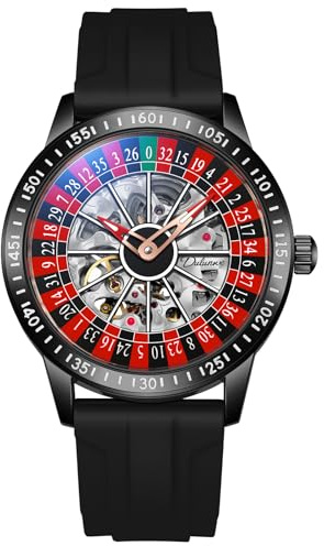 Herren-Armbanduhr, automatisch, mechanisch, Skelett, hohl, wasserdicht, Leuchtend, Edelstahlband, selbstaufziehend, Roulette-Rad, Business-Casual-Armbanduhr, Schwarzes Silikon, Modisch, stilvoll