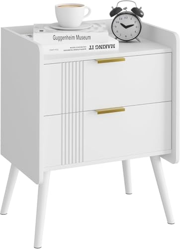 Huhote Bedside Table with 2 Drawers, Storage Nightstand, Wooden Bedside Cabinet for Bedroom, 2 Tier Bed Side Tables, Coffee End Table with Wooden Legs, 16.3 x 11.8 x 22.8 IN, White