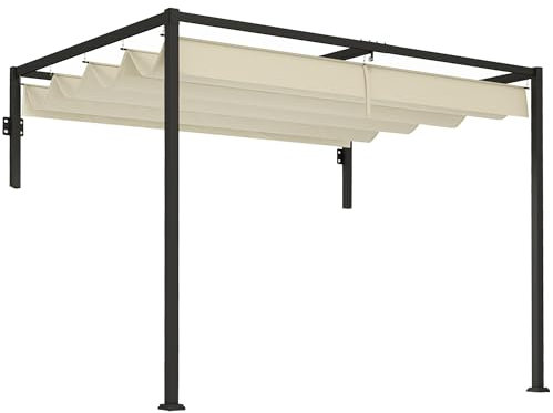 Outsunny 2 x 3(m) Lean To Pergola with Retractable Roof, Wall Mounted Garden Gazebo Outdoor Sun Shade Shelter for Patio, Khaki