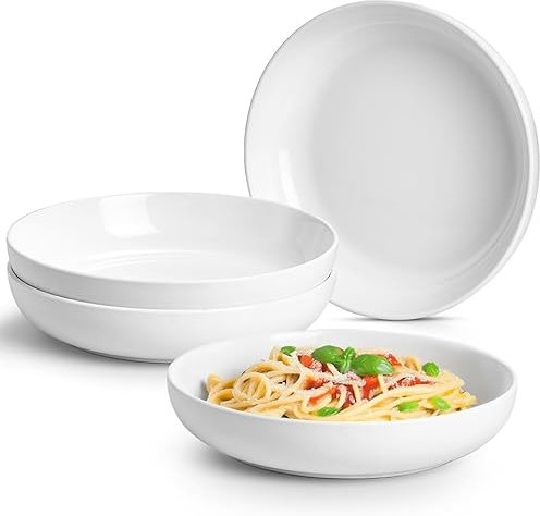 25cm Pastateller 4er Set, 1400ml große Porzellan Keramik Nudelteller, Pastaschale für Müsli Suppe Steak Nudel Breite Küche Geschirr Teller - Mikrowelle Ofen Geschirrspüler Sicher 9,84 Groß Tief Weiß