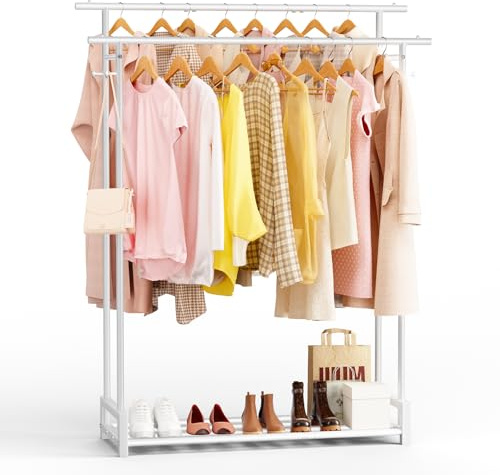 ZHKINGGS Clothes Rail for Bedroom - Double Hanging Clothing Rail with Storage Shelf & 4 Coat Hooks, Free Standing Clothes Rack for Living Room, Laundry, Shop (Modern, White)