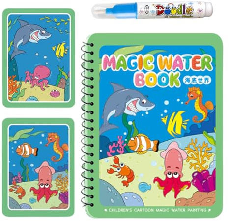 MagicWater Pen Book - Refillable Painting Bath, Reusable Colouring Template Set, Toy for Early Learning, Travel Fun, Easter Basket or Birthday Gift for Children Aged 1 to 3 Years