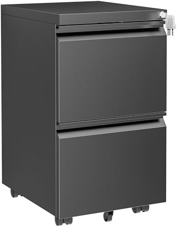 LVSTEEL Mobile Filing Cabinet, Lockable 2 Drawers with Suspension File Hanging Rails, With 4 Keys, Lockable Office Drawers Cabinet for Letter/Legal/A4 Size, Black