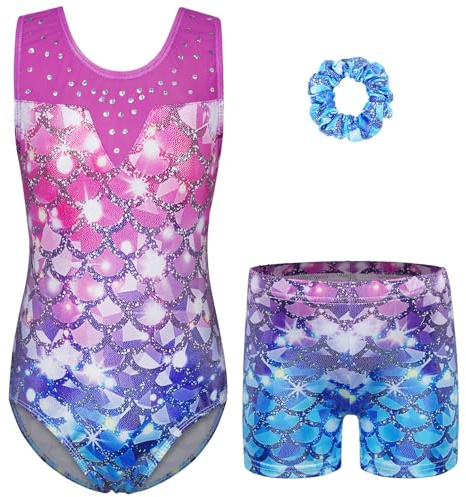 ZNYUNE Justaucorps gymnastique fille Un short et un chouchou Ensemble Body avec Short pour Enfant 3-16 Ans B387 PurpleBlueScale 8A