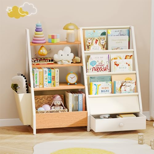 yeshine 4-Tier Kids Bookshelf with Toy Storage Compact Easy-Reach Bookcase | Featuring 3 Sling Book Pockets,1 Large Side Storage Pocket and 1 Fabric Drawer for Bedroom, Classroom, Playroom (Wood Color)