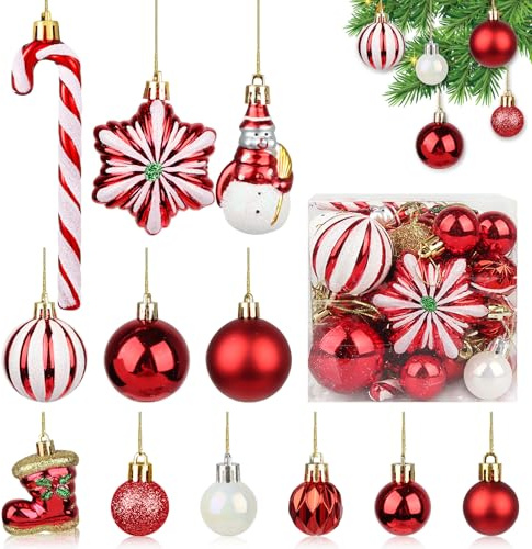 34 Weihnachtskugeln Rot Ornamente Set mit Aufhänger Baumschmuck Rot Wetterfeste Christbaumkugeln Weinrot Dunkelrot Plastik Rote Kugeln Weihnachten Baumkugeln Rote Weihnachtskissen Zuckerstangen Deko