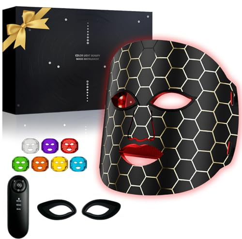 LED Face Mask, Red Light Therapy Mask LED Red Light Face Mask 7 Photon Modes Therapy 288 Beams Comes With Rechargeable Remote Control, for Skin Rejuvenation, Anti-Aging, and Soothing.(7 Lights)
