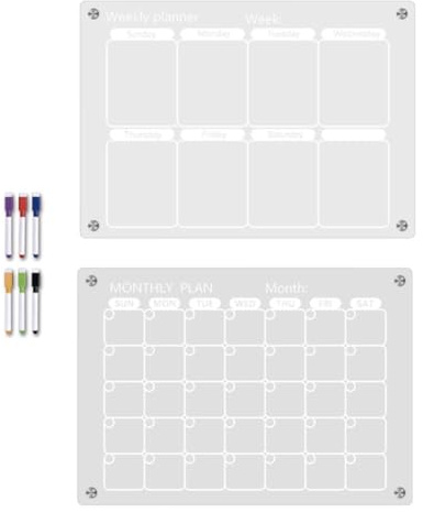 Gettimore Calendario acrílico para refrigerador, tablero de mensajes con marcadores de borrado en seco, planificador semanal mensual reutilizable para nevera, armario de metal, pizarra, parte trasera