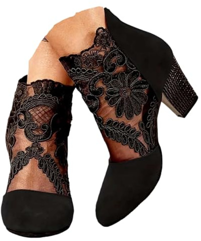 Générique Sandales Femme Femmes Bottines Rétro Avec Talon Élégantes Épissage Fleurs Dentelle Courtes Escarpins Plateforme Éclair Bottes D'été à Talons Épais Soirée Parties Maille Respirant