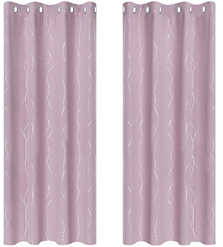 Deconovo Super Soft Silver Dotted Line Foil Printed Blackout Curtains Window Treatment Pair Curtains Eyelet Bedroom Curtains for Kids Rooms with 52 x 45 Inch Light Pink Two Panels