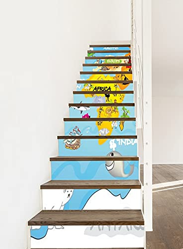 A.Monamour Treppenaufkleber Folie Selbstklebend 3D Cartoon Tier Weltkarte Für Kinder Geographieunterricht Vinyl Wasserdicht Treppe Aufkleber Fliesenaufkleber Abziehbilder Wandaufkleber 13 Stück Set