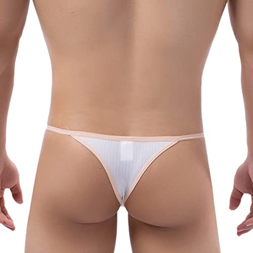 Faringoto Men's Ice Silk Underwear Tight Low Rise Thong Bikini T-string Pants White