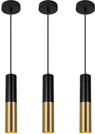VONCI Moderne Schwarz und Messing Gold Pendelleuchte für Kücheninsel, Industrielle Zylinder Hängelampe Scheinwerfer für Esszimmer Wohnzimmer Restaurant Bar (3 Pack)