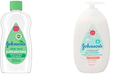 Johnson's Baby Aloe Vera Aceite, hidrata y nutre al instante, 500 ml & Johnson's loción corporal dulces sueños dosificador 500 ml